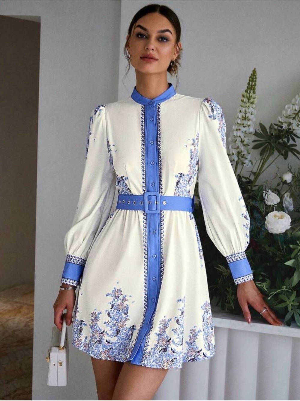 Cream and Blue Floral Belted Long-Sleeve Shirt Dress